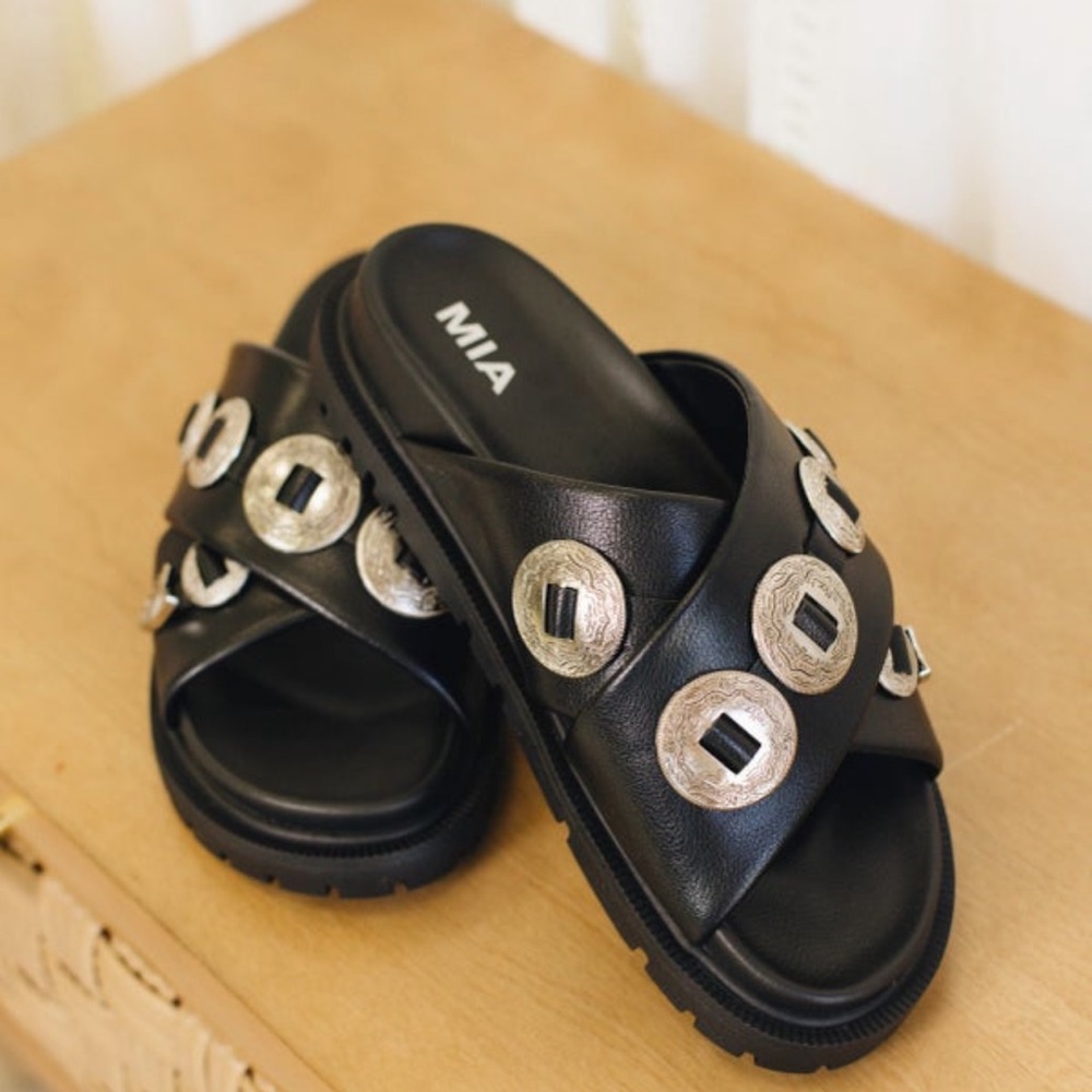 New, MIA Black Western Slide Sandals With Silver Buckles Size 10